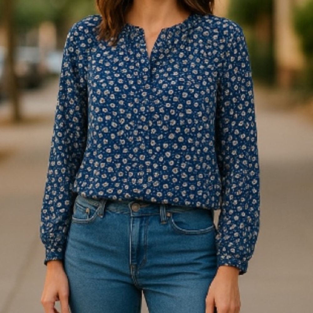 A.N.A. A New Approach Womens Blouse Shirt Top Size XS Blue Floral Long Sleeve